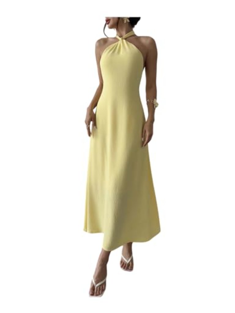 Floerns Women's Sleeveless Halter Ruffle Open Back Maxi Dress - Summer Casual